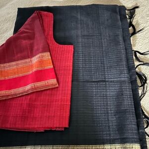 Jute Silk Saree - Black/Red